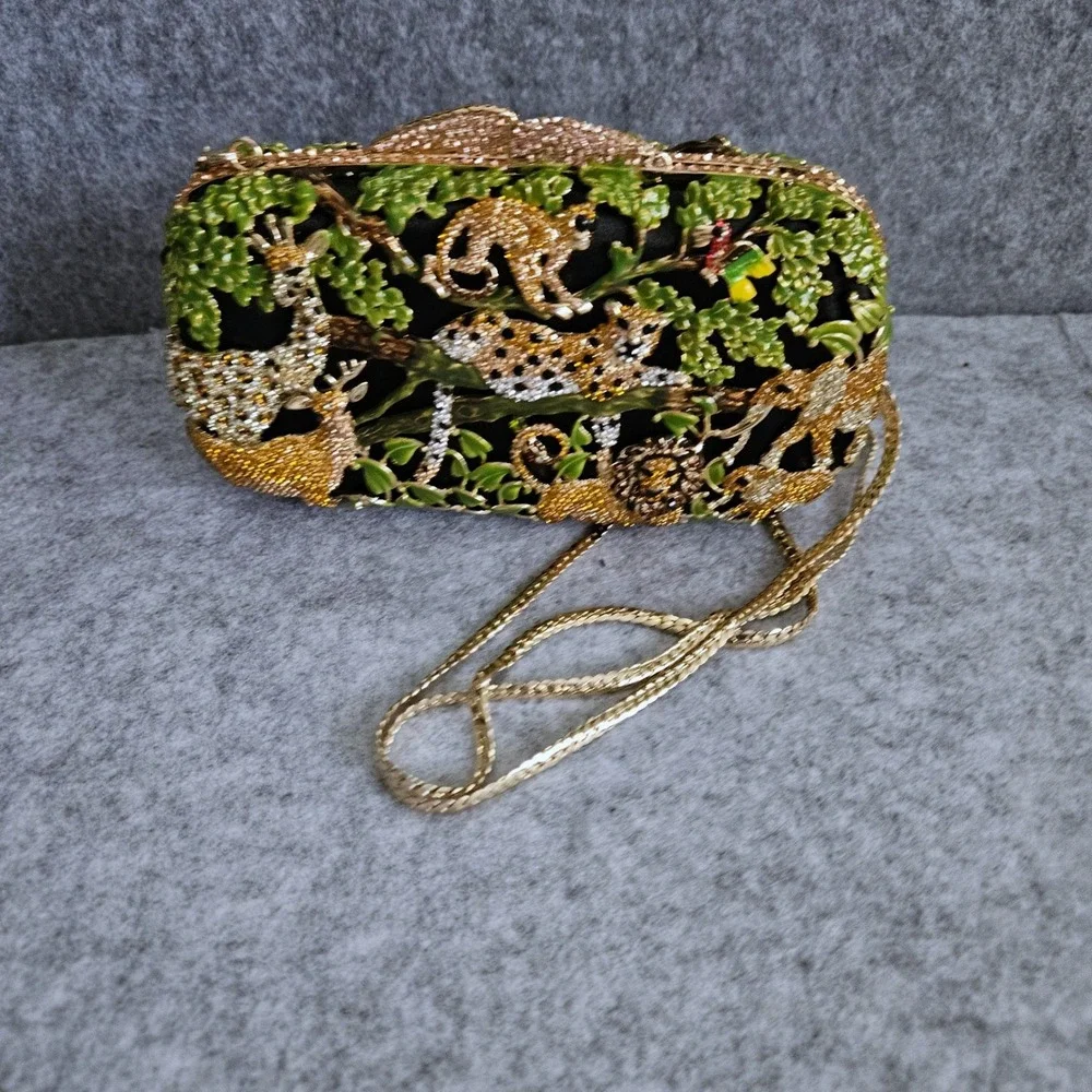 LUX MOB Crystal Enamel Jungle Safari Animal Evening Clutch Bag Lion Leopard Box